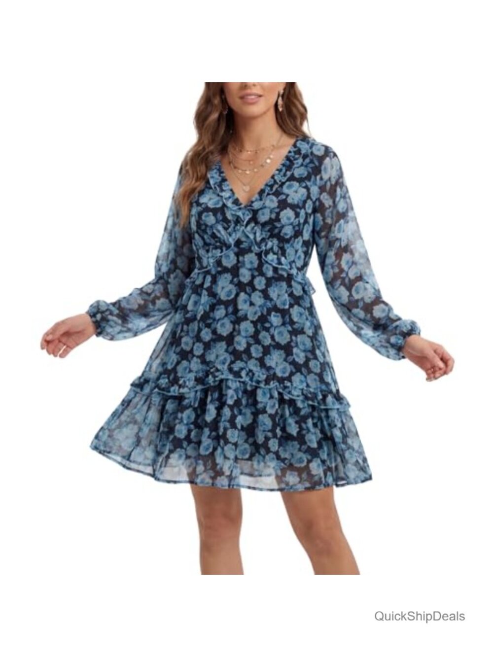 Chiffon Floral Midi Dress Long Sleeve Cross Front Ruffle V Neck